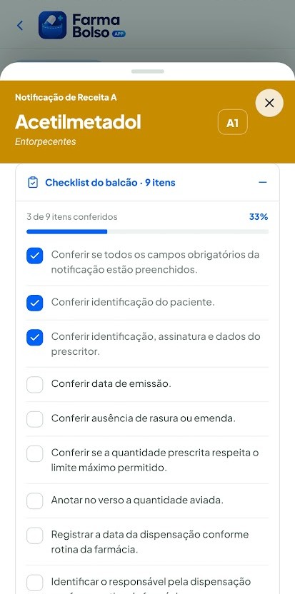 Checklist do balcão para Acetilmetadol no app Farma Bolso, com nove itens e três conferidos