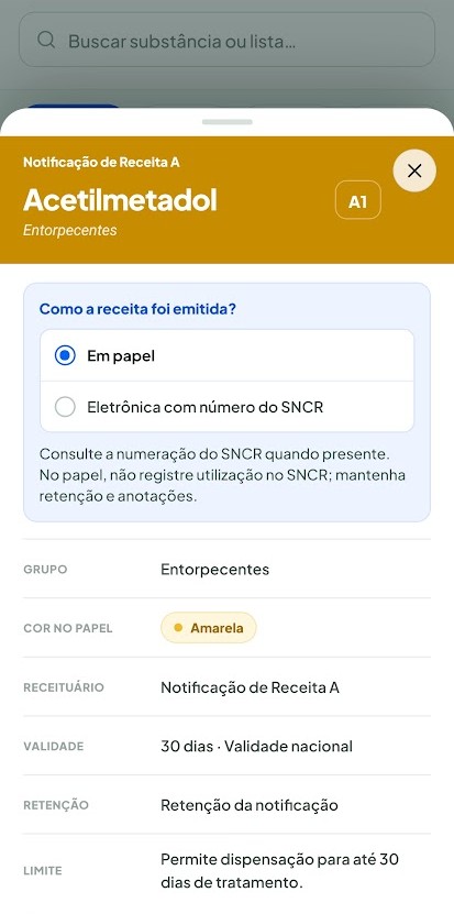 Ficha de Acetilmetadol no app Farma Bolso: Notificação de Receita A, lista A1, receita amarela, validade e opções de emissão em papel ou eletrônica com número do SNCR
