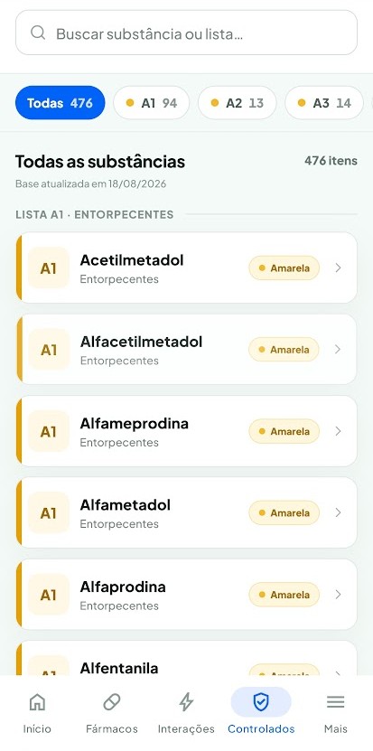 Lista de 476 substâncias controladas no app Farma Bolso, com busca, filtros e medicamentos da lista A1